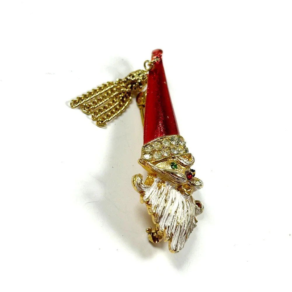 Vintage MYLU Winking‎ Santa Brooch with Chain Tassel Christmas Pin 2.5